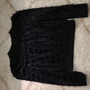 Black Sheer Ruffle Mesh Top|Gothic Romantic Statement Blouse|Long Sleeve